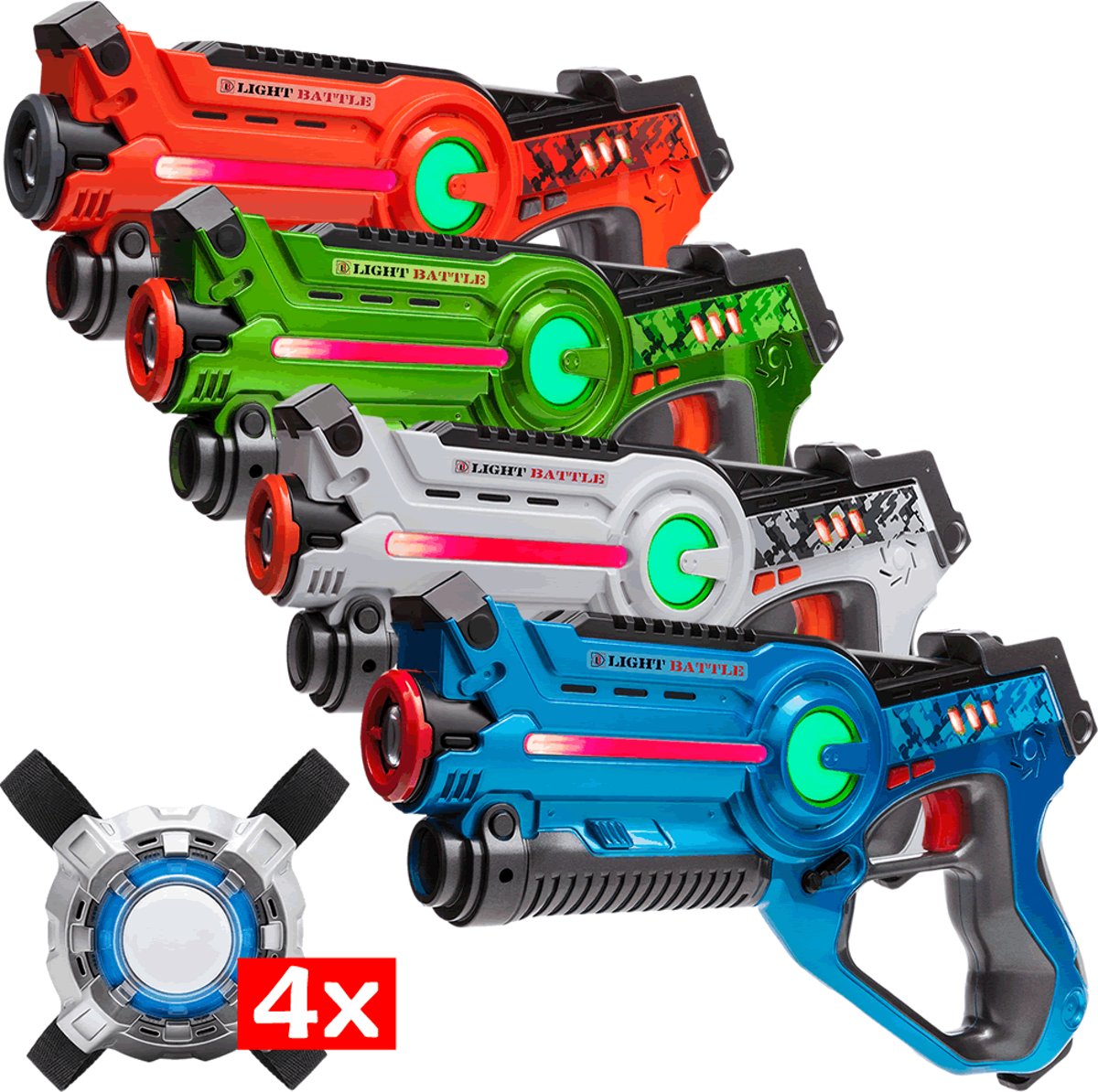 Lasergamen op locatie? Lasergame set: 4   laserguns + 4 vesten | Lasergun kopen voor kinderen